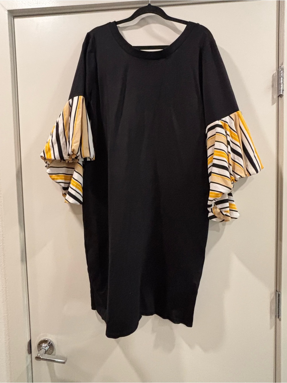 Ashley Stewart Black Dress with Yellow & White Striped Ruffle Sleeves